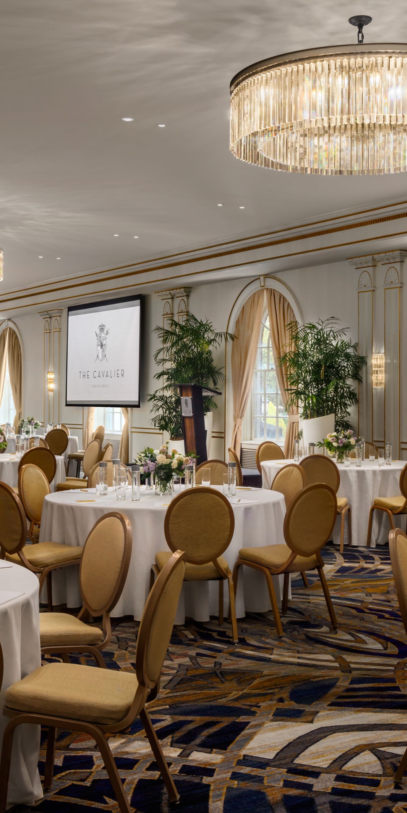 Banquet room with tables and stage