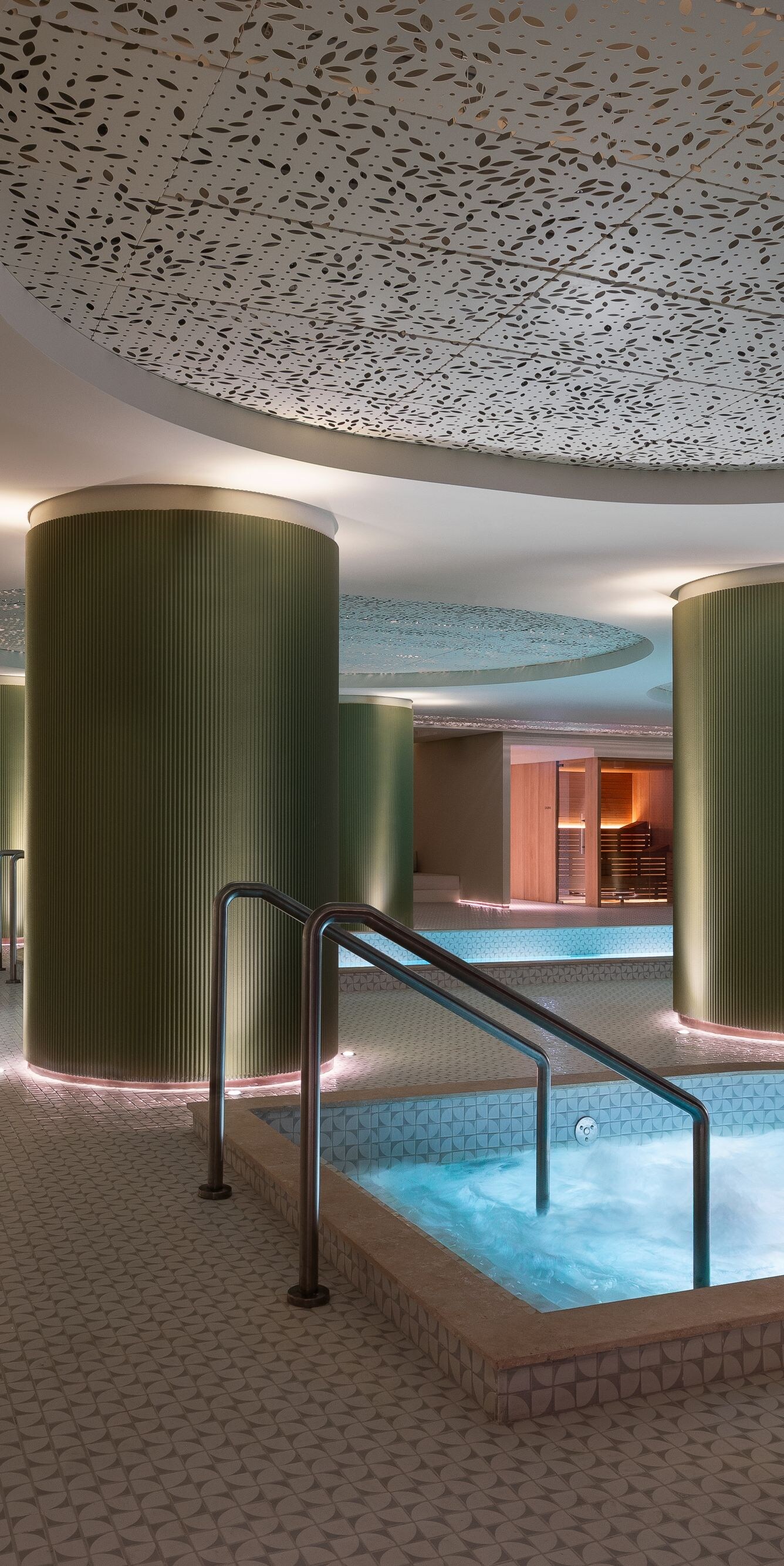 Wide view of the modern indoor wellness pool