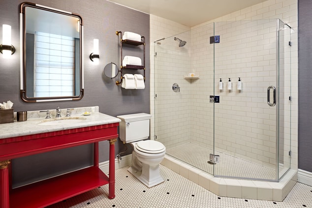 Bathroom with Shower and Red Sink