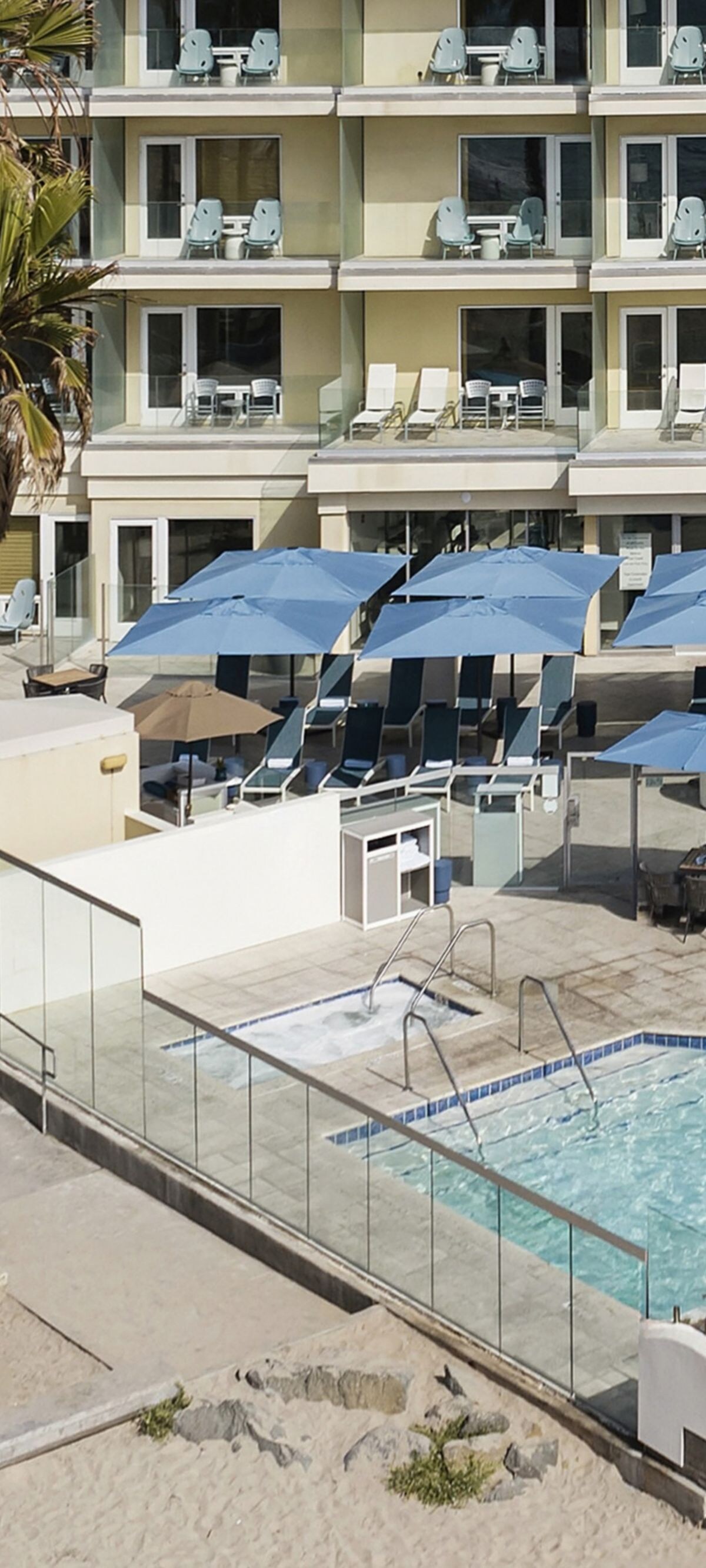 Outdoor whirlpool and pool with palms and loungers