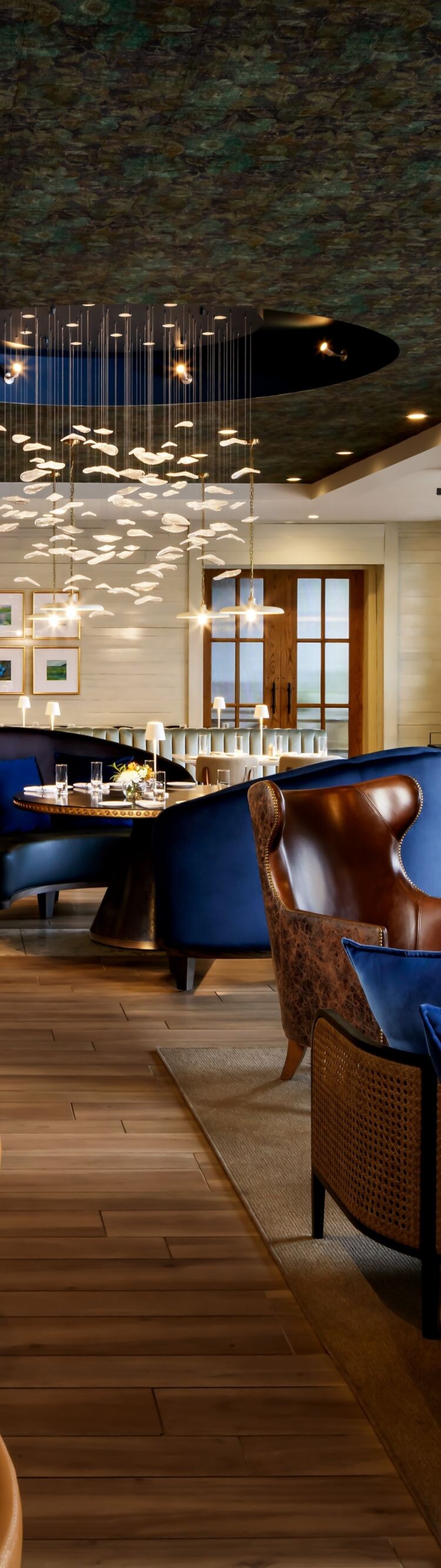 indoor seating area with tables and chairs