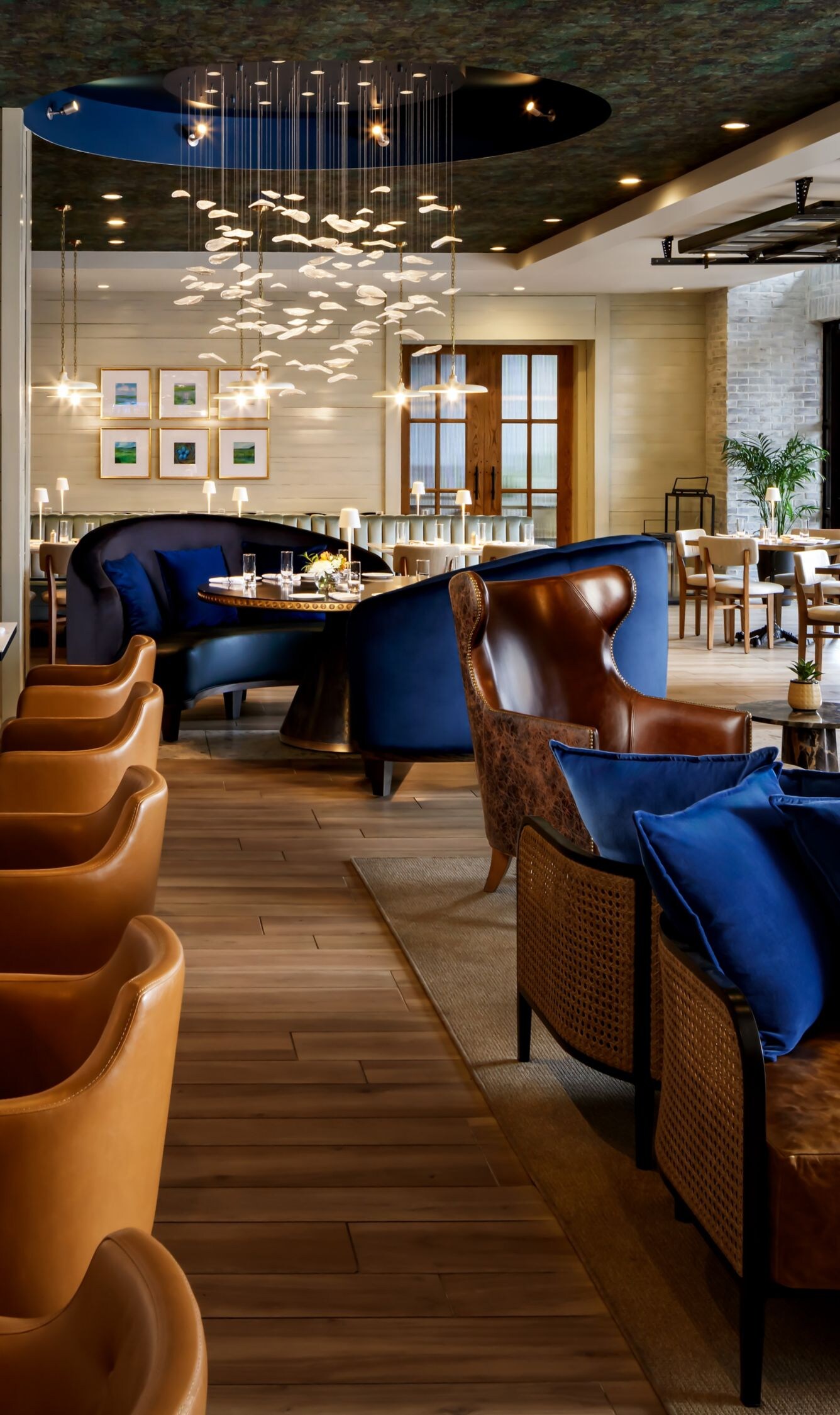 indoor seating area with tables and chairs