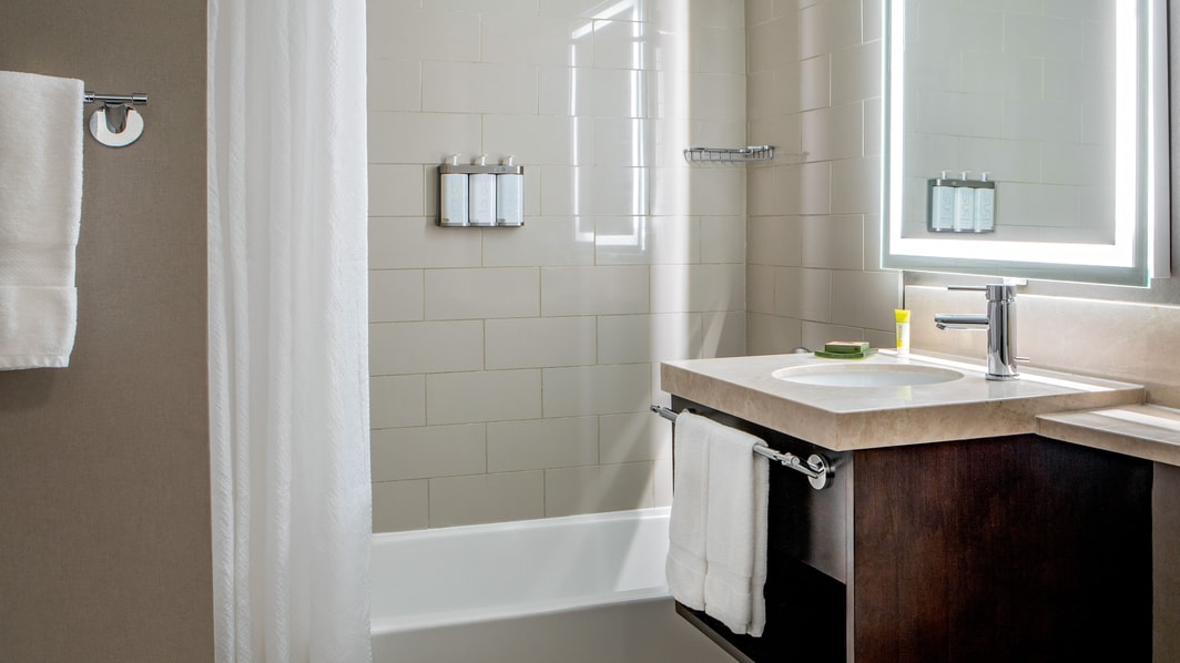 guest bathroom, tile shower, vanity with mirror