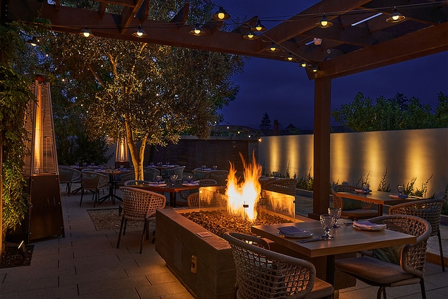 Outside tables, chairs, firepit