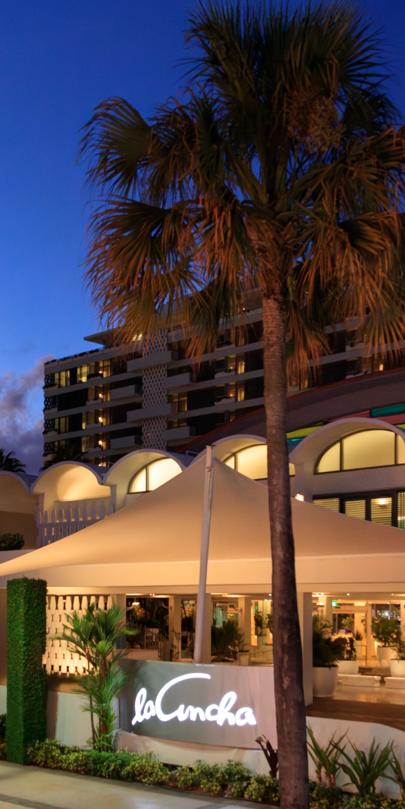 La Concha hotel and restaurant exterior at night