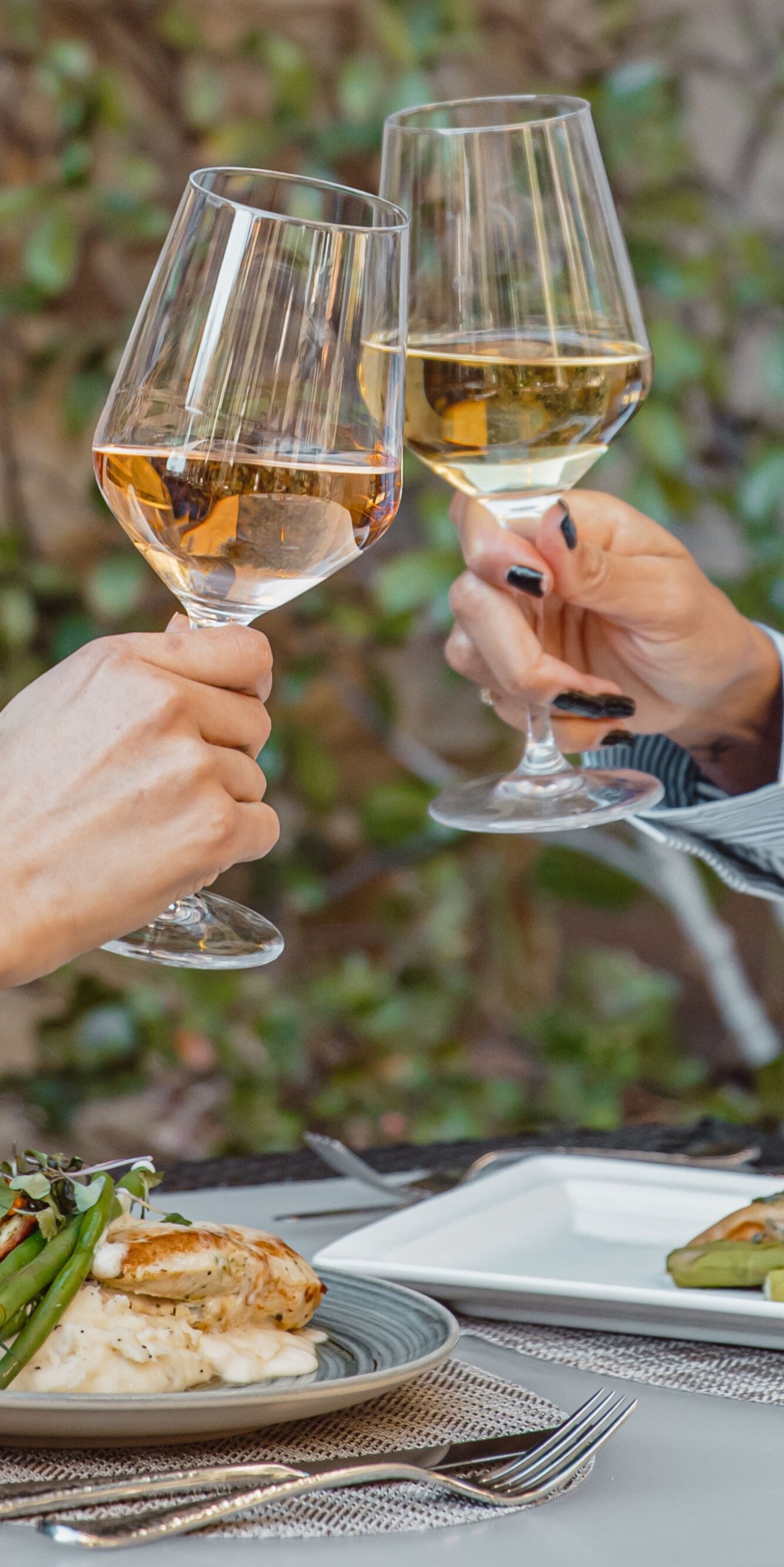 Two guests clinking white wine glasses over plated