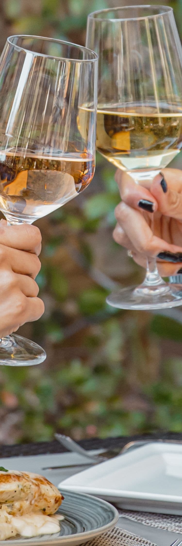 Two guests clinking white wine glasses over plated