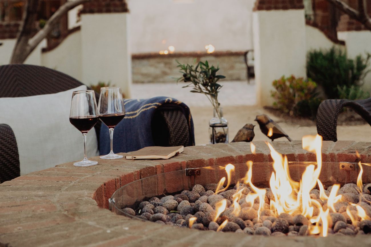 Firepit with wine glasses