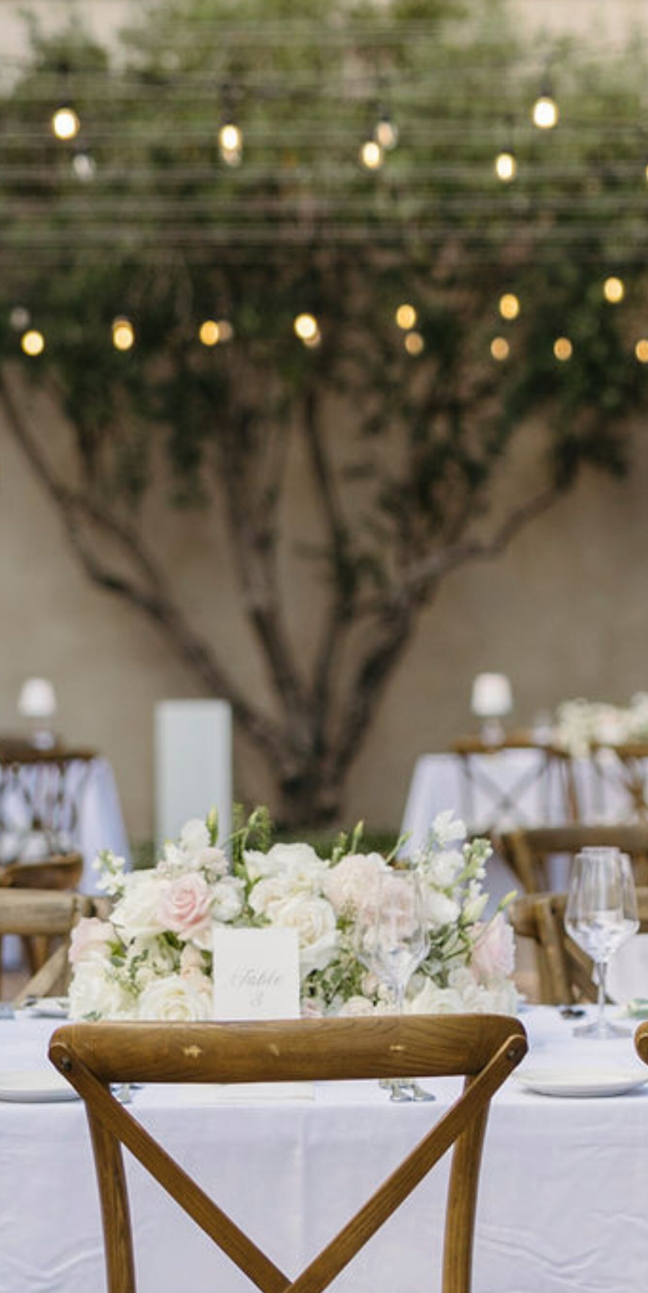Outdoor reception tables, white linens, flowers