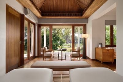 A tranquil twin bungalow with lush garden views.