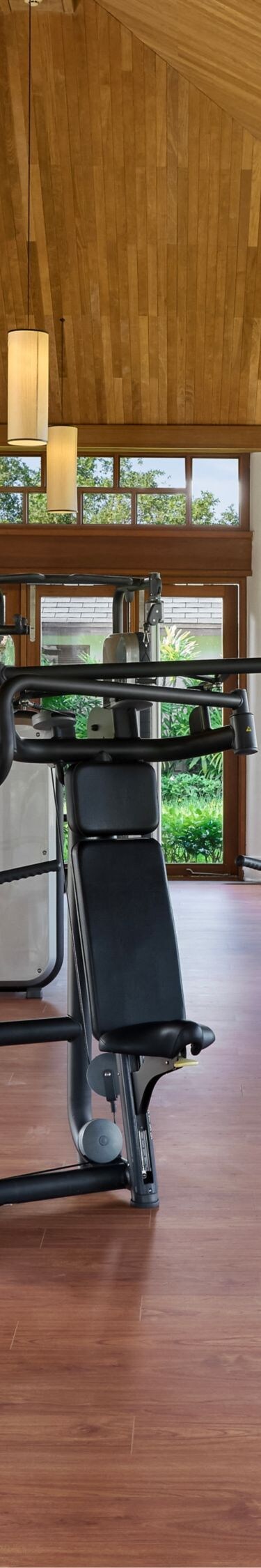A bright, modern gym with garden views.