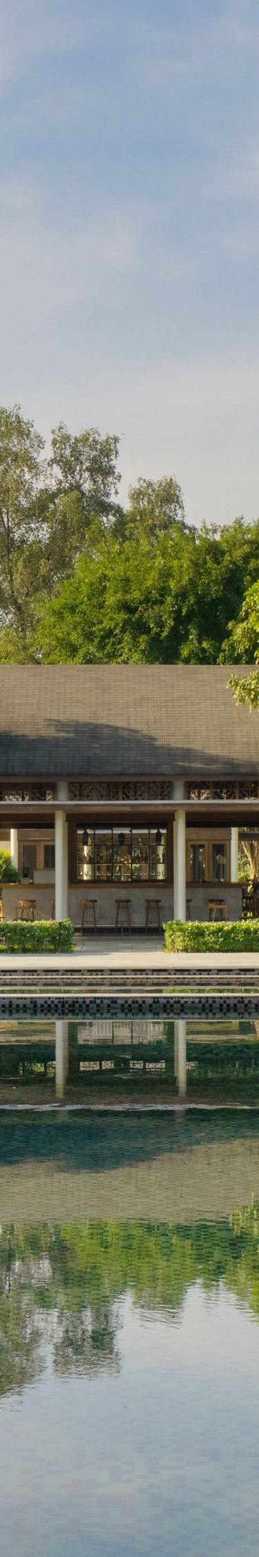 A serene main pool embraced by lush greenery.