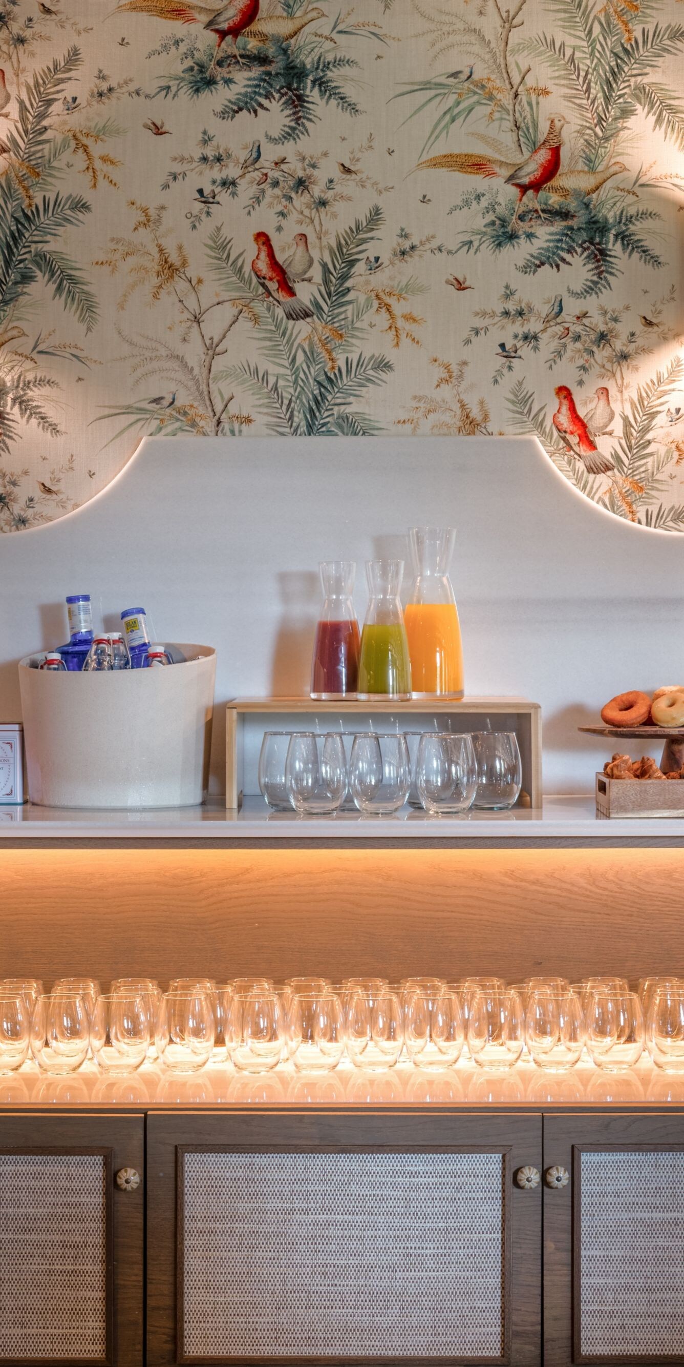 Breakfast buffet with juice and pastries