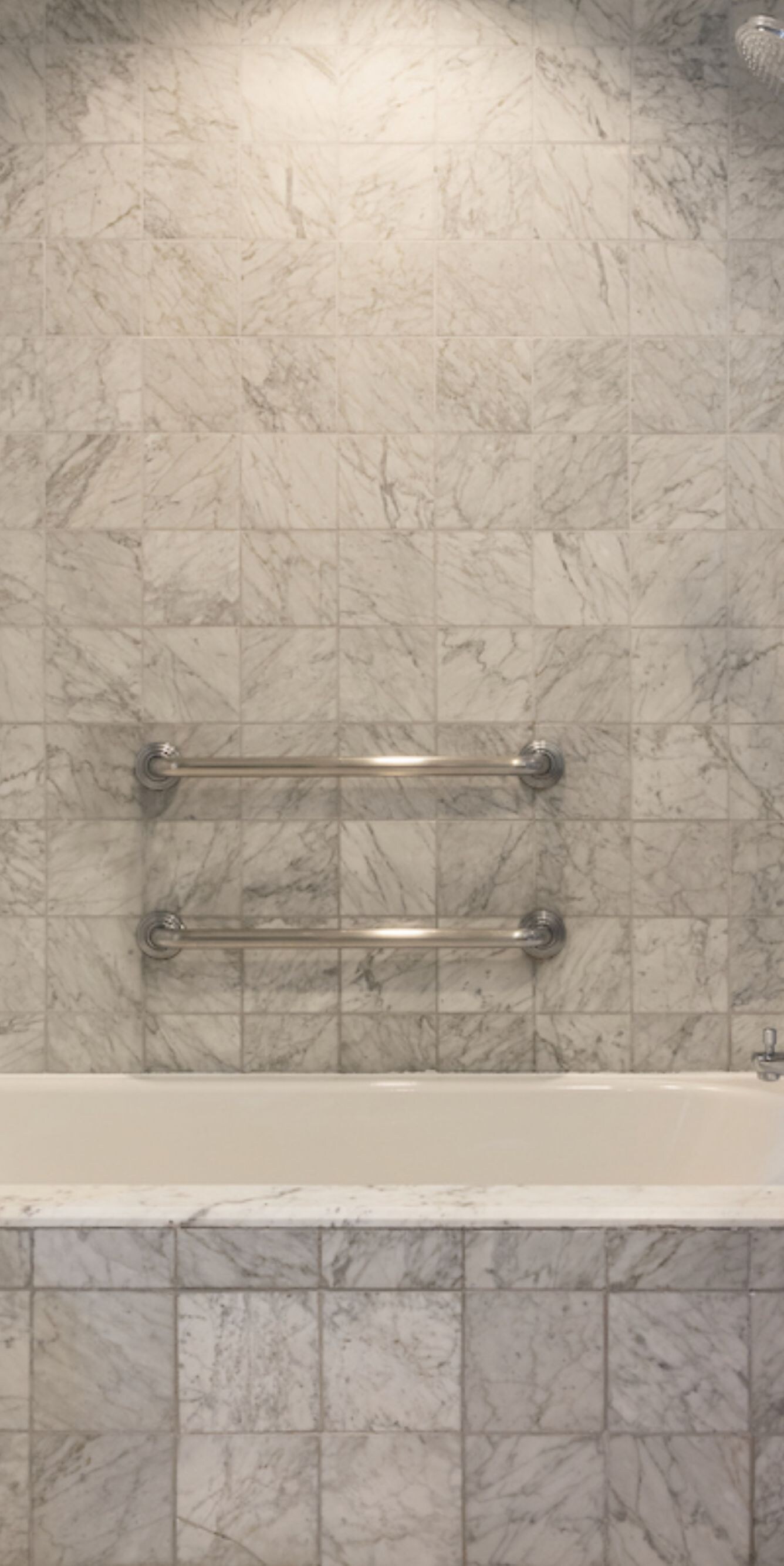 Accessible bath with tub, grab bars, shower wand