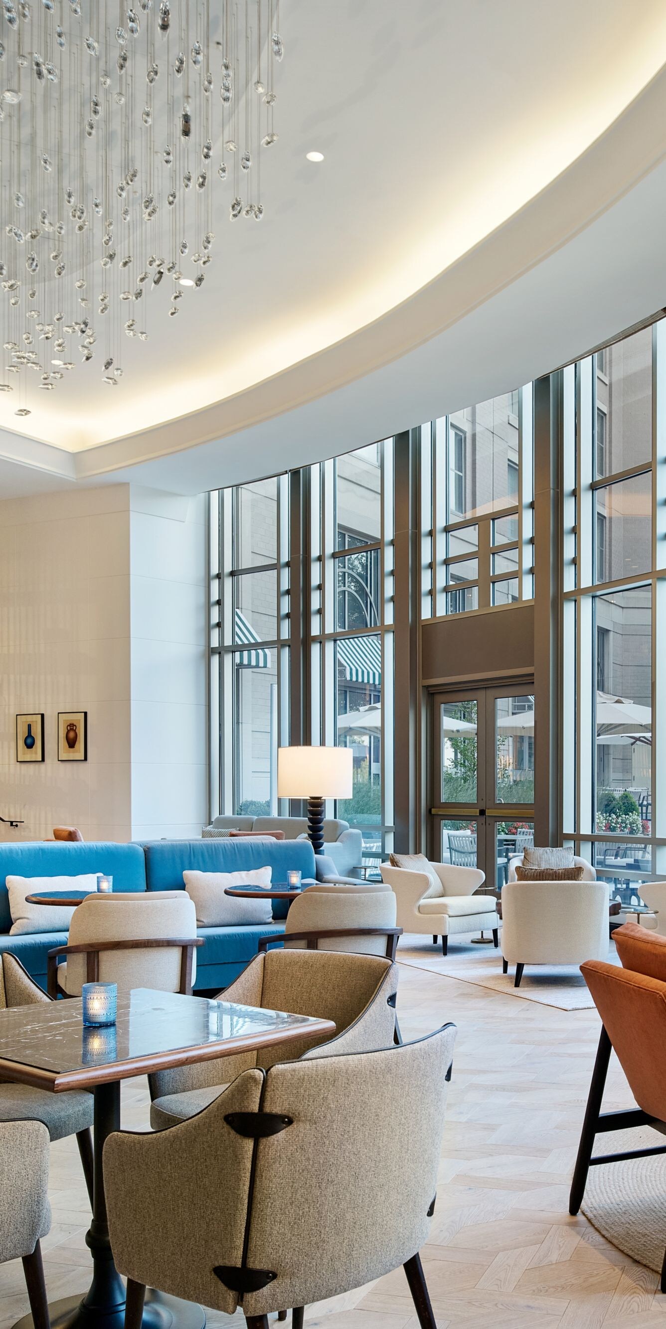 Hotel lounge with seating and tables