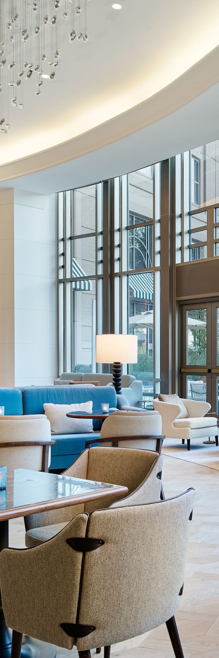 Hotel lounge with seating and tables