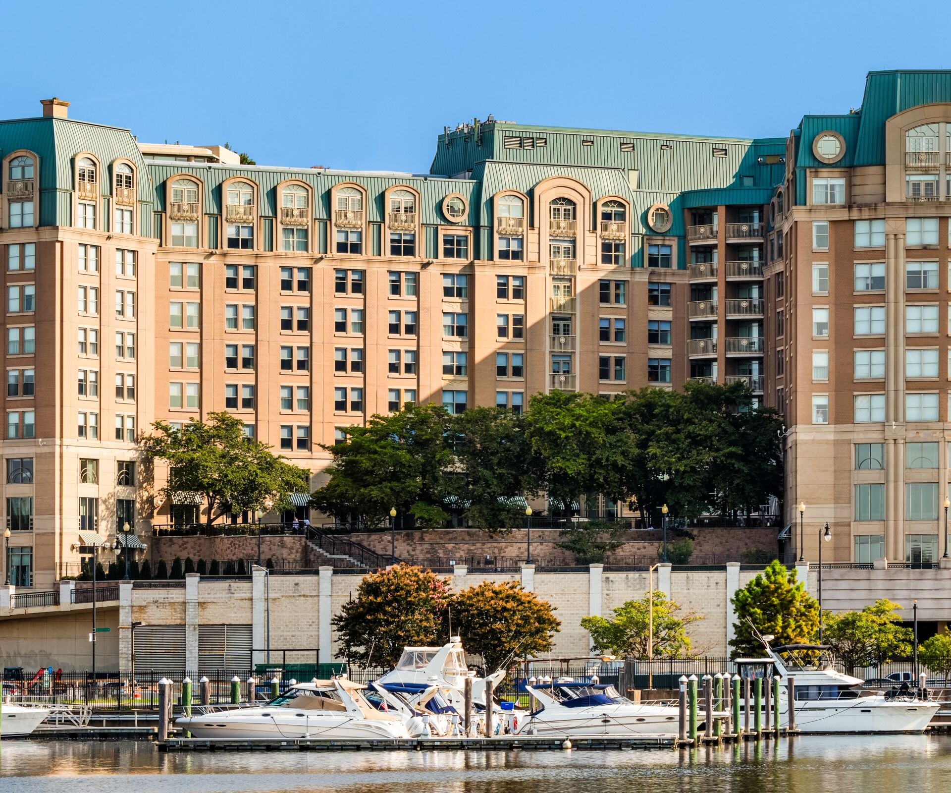 Waterfront view with boats and architecture