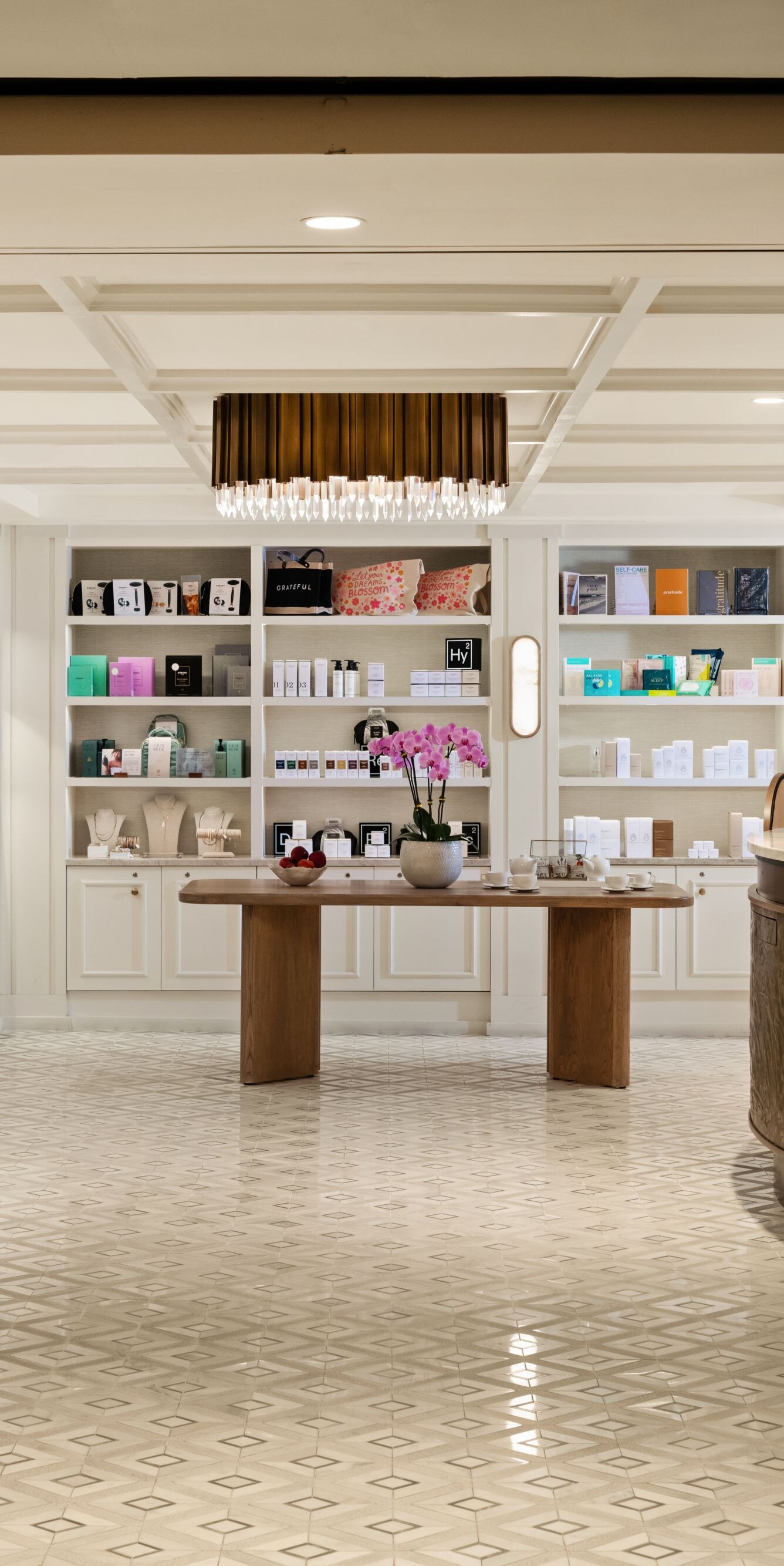 Spa retail area with shelves and desk