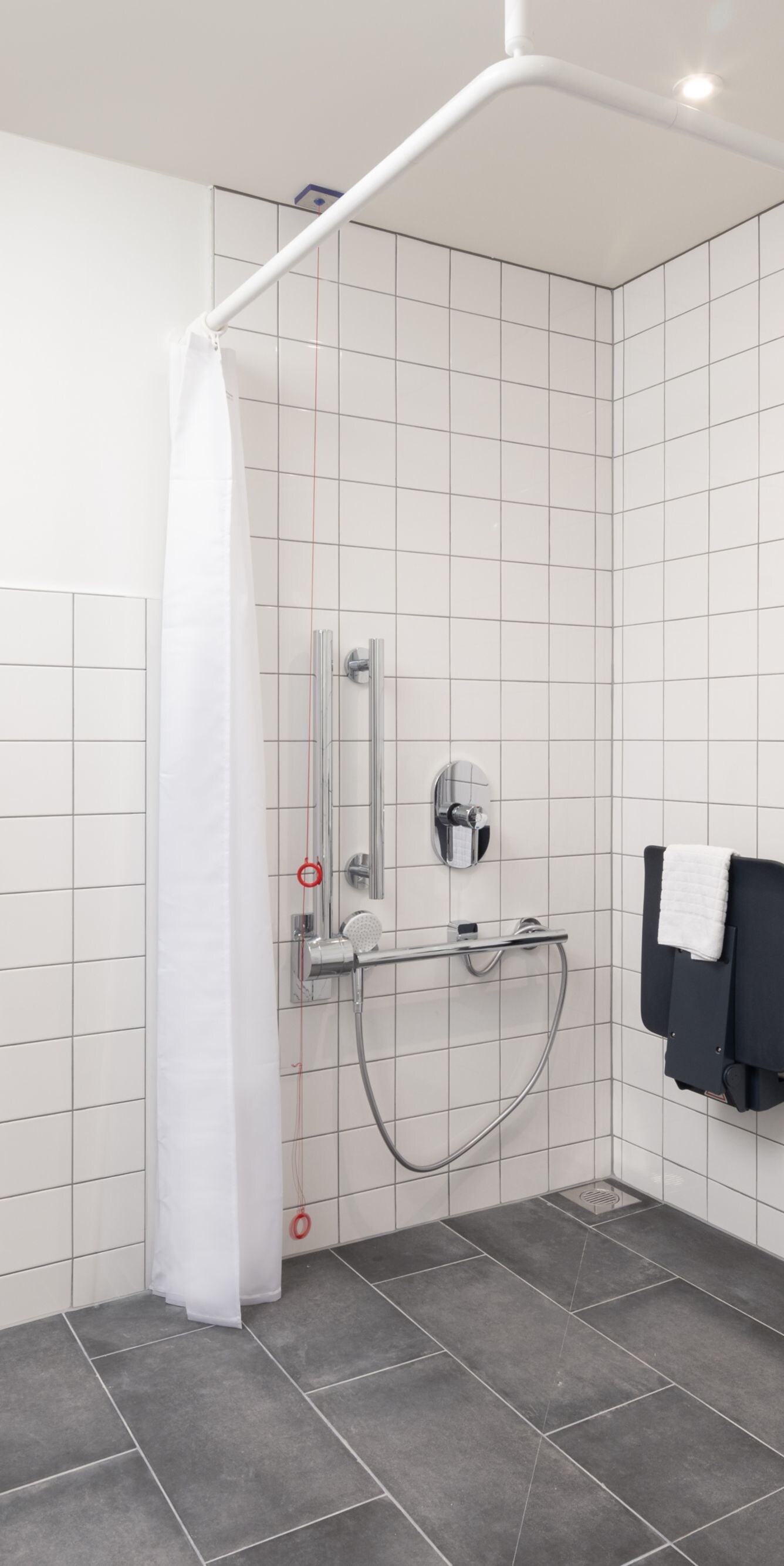 Accessible bathroom with roll-in shower and sink