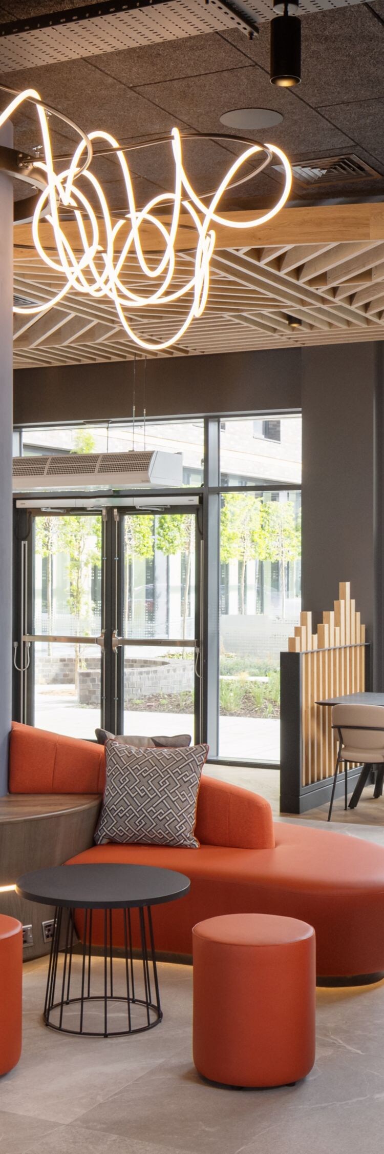Check In desk, modern seating and high table