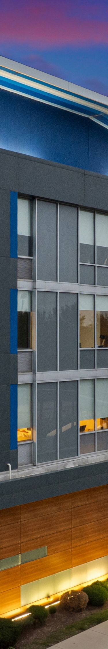 Exterior view of building at dusk