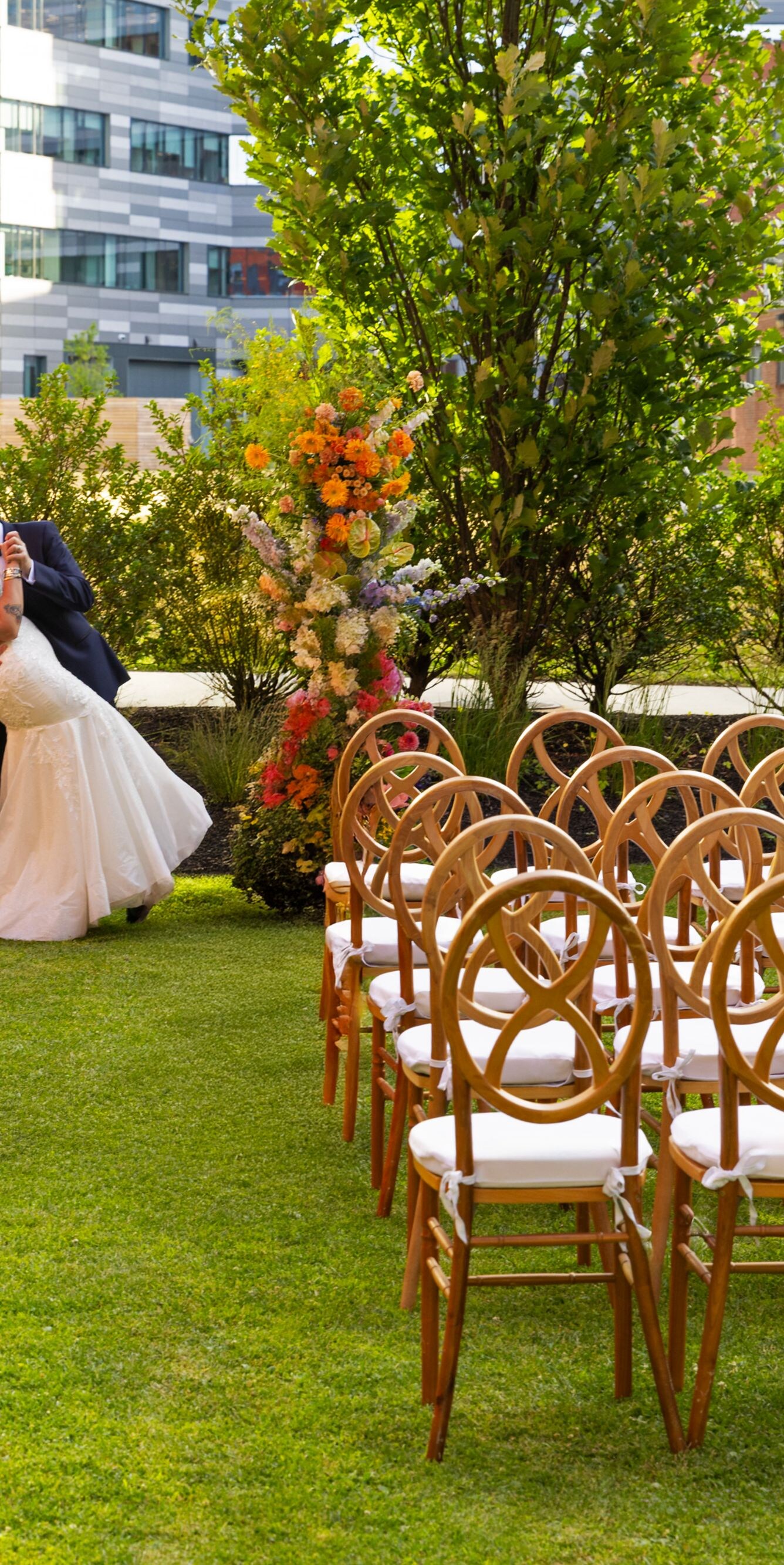 rows of elegant chairs set up on a lawn
