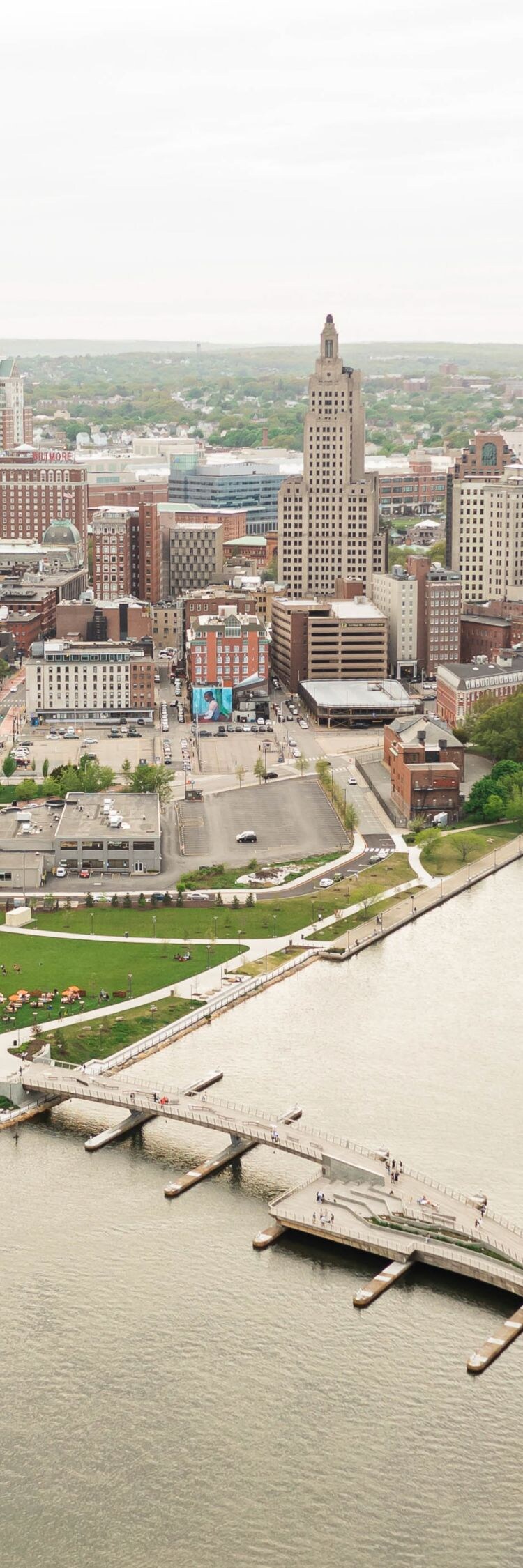 Aerial view of Providence including river and park