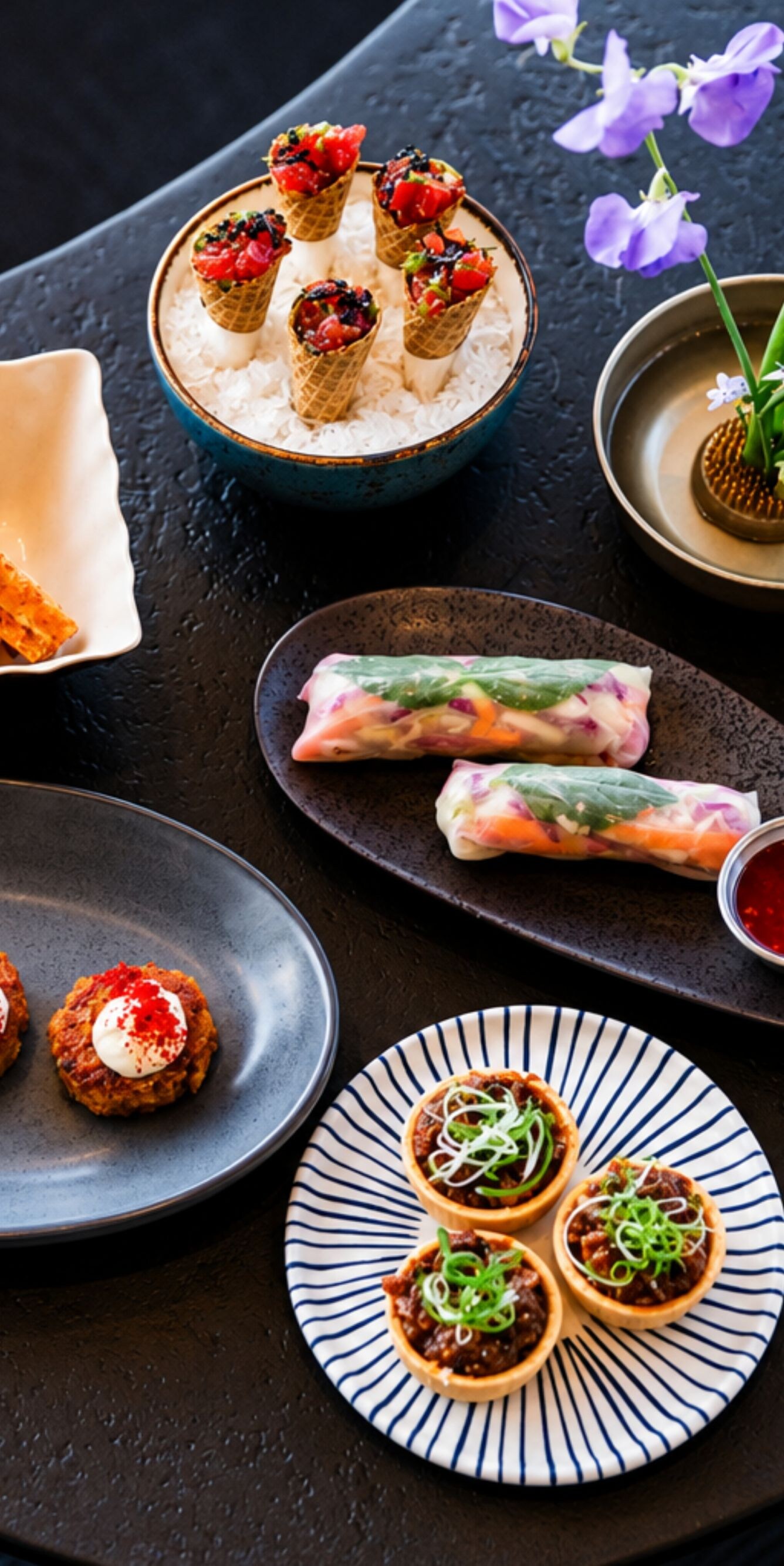 Assorted gourmet appetizers on table
