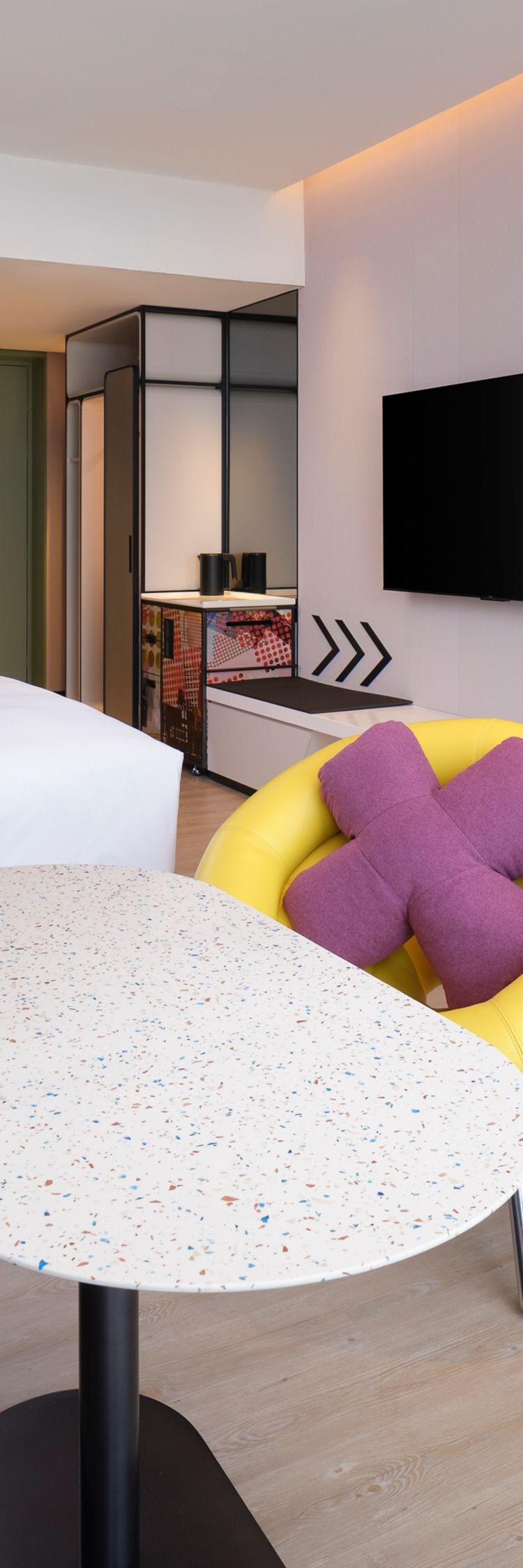 bed, desk and chair, sofa, TV