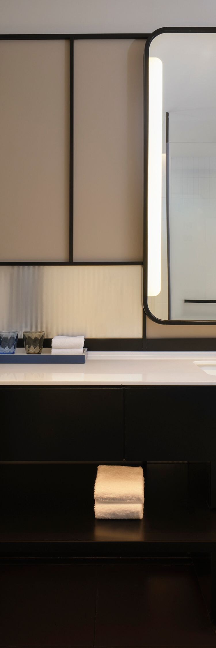 Bathroom Vanity with sink. Walk in shower