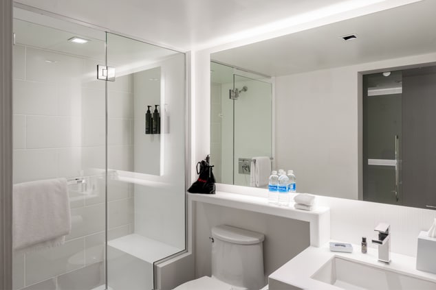 shower, toilet, mirror and vanity