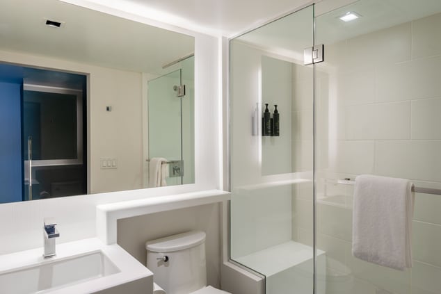 sink, toilet, mirror and shower