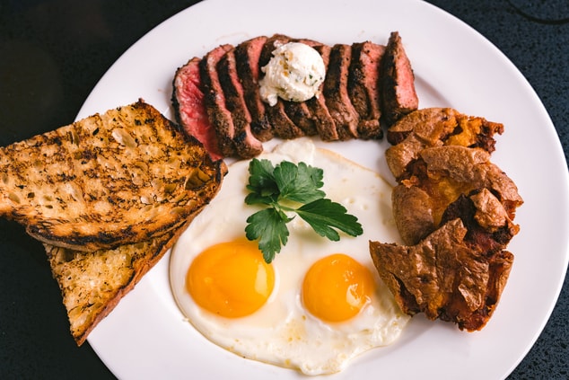 Egg, wagyu, and bread plate