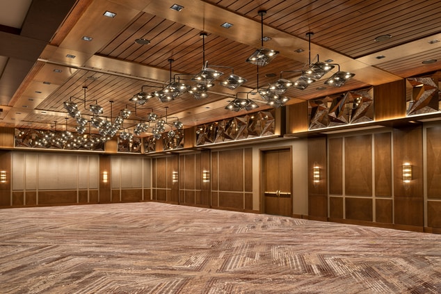 Emtpy Otis Ballroom with modern lighting 