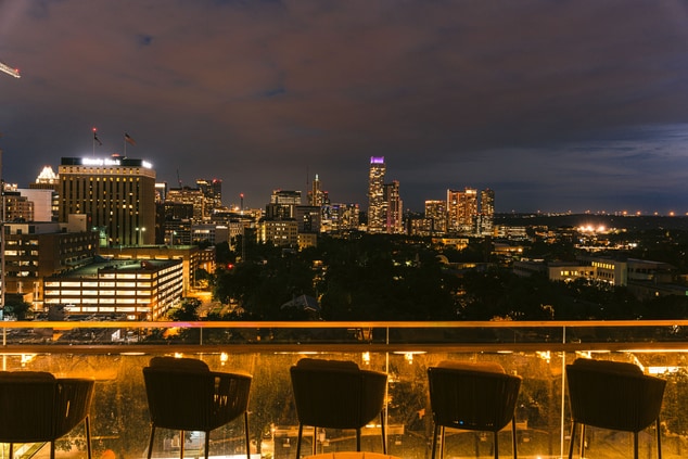 view of downtown Austin from Otopia at night