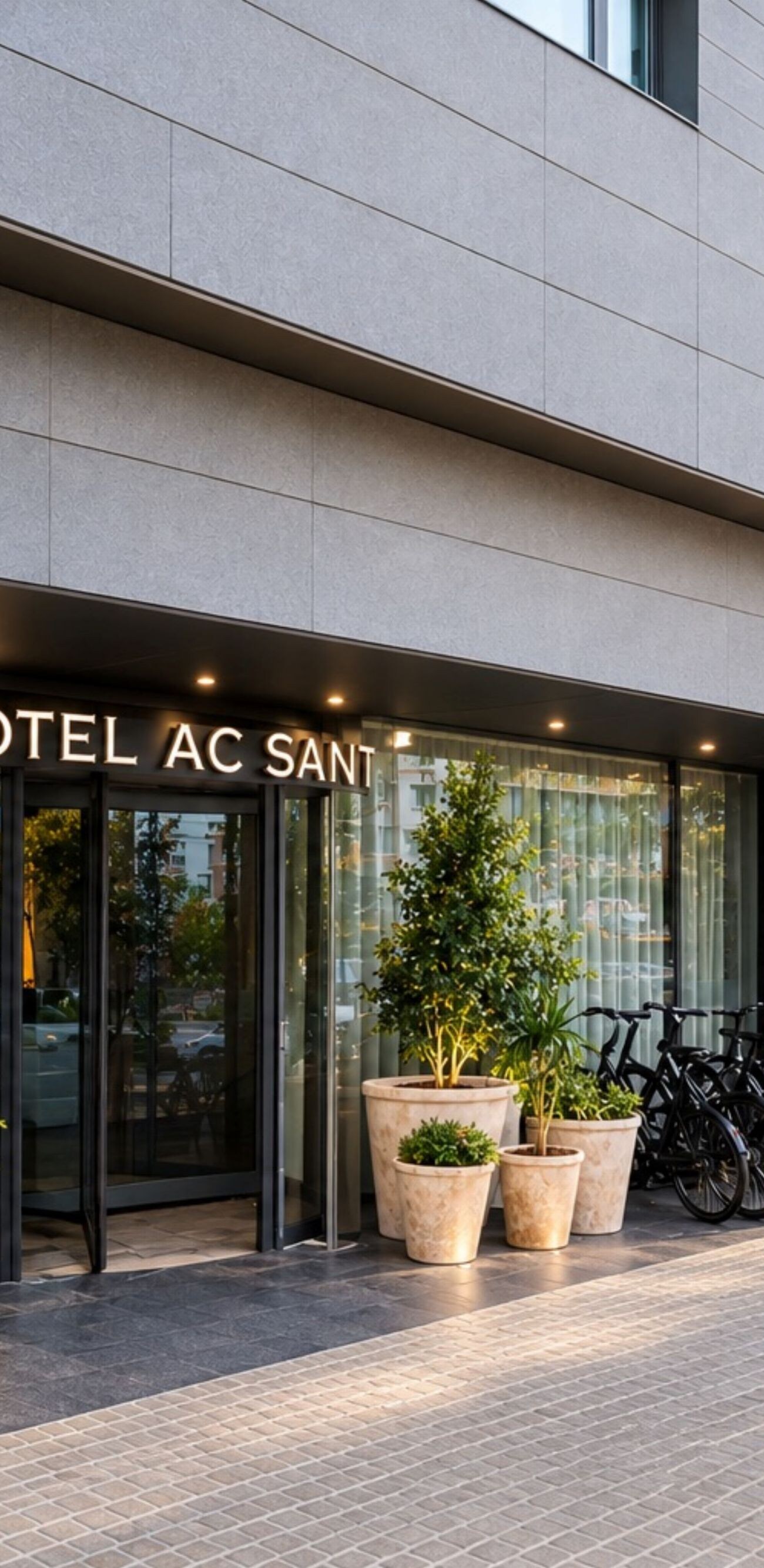 Hotel façade with plants, bikes and glass doors