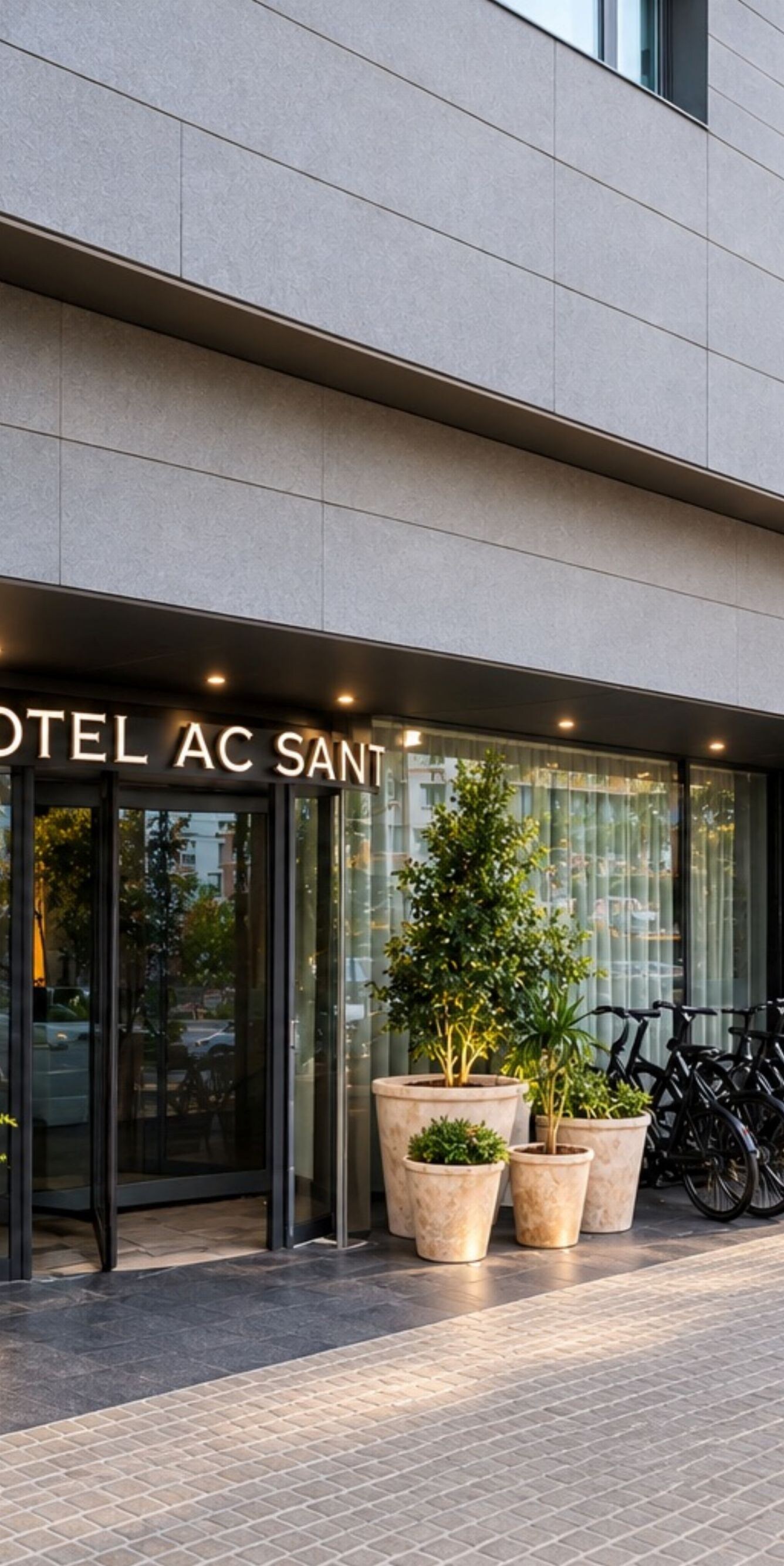 Fachada del hotel con plantas, bicicletas y puertas de cristal