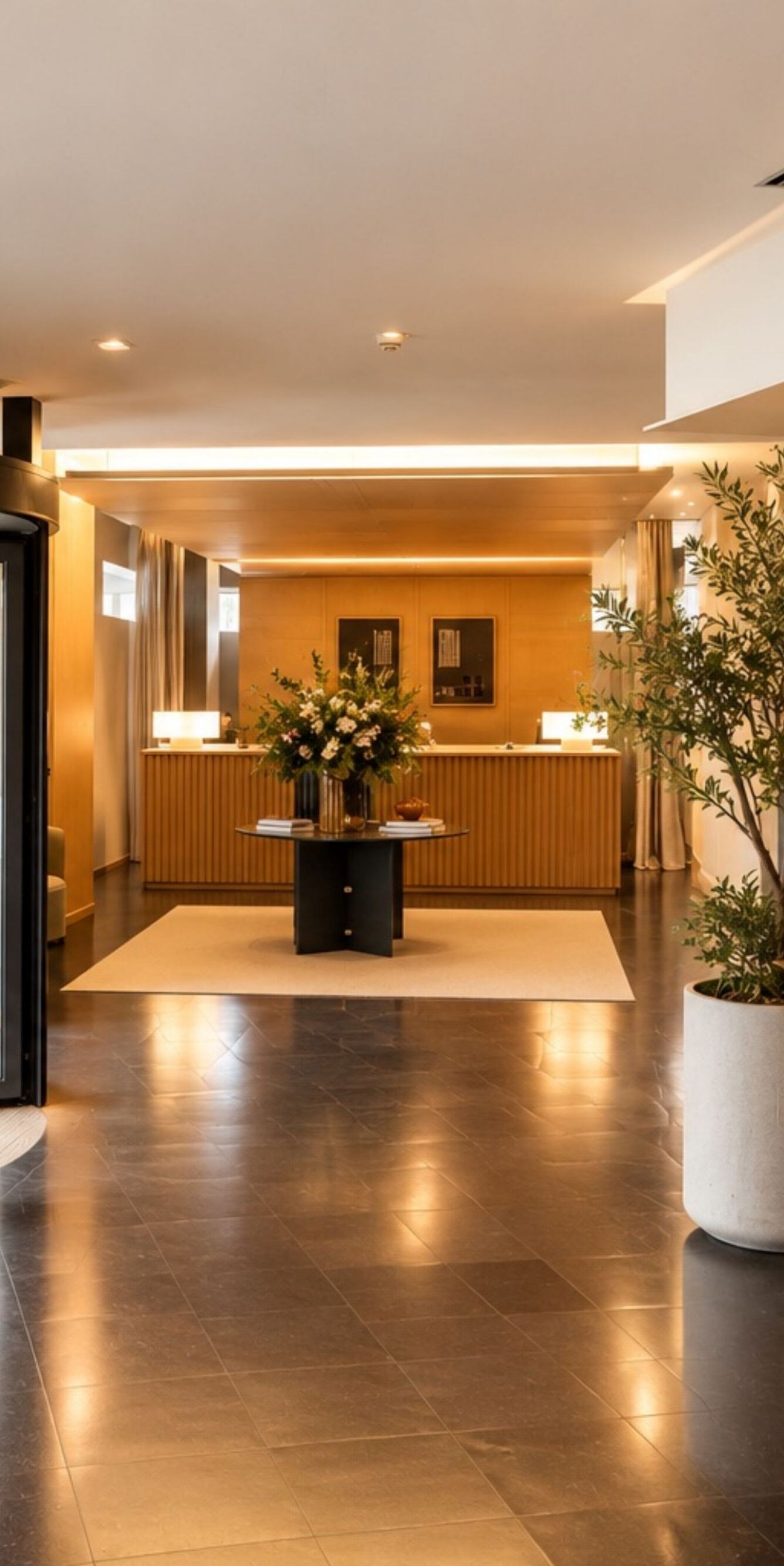 Entrada desde el interior y una área de recepción cálida.