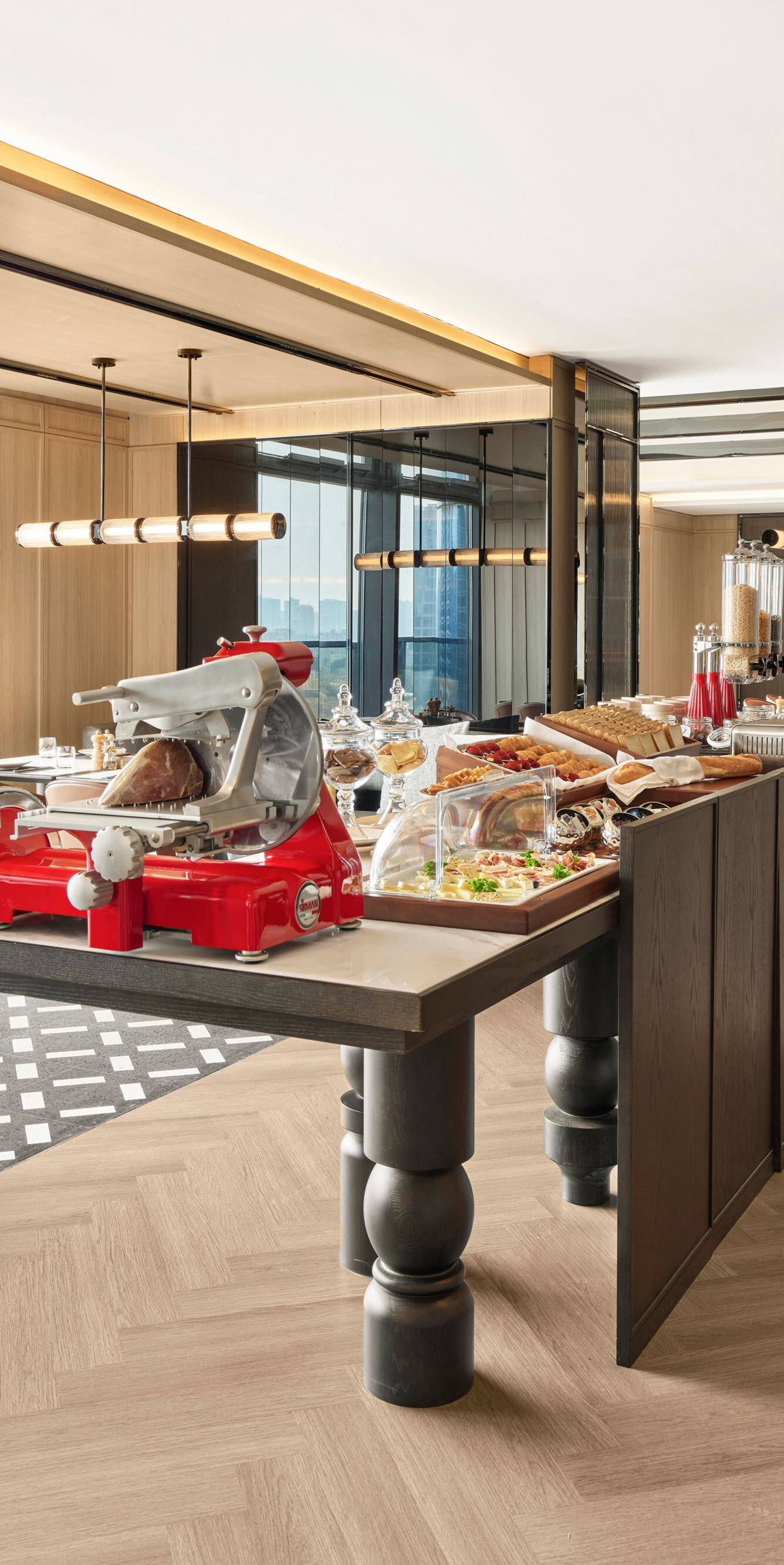 Buffet dining area with food stations and views