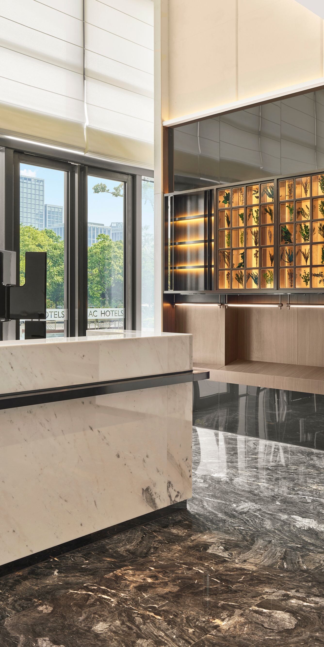 Modern desk with city view windows