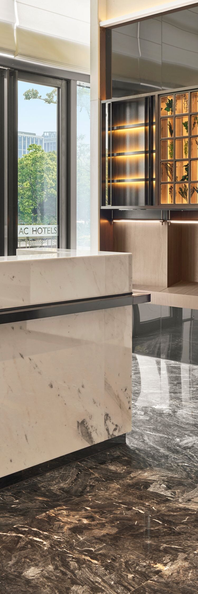 Modern desk with city view windows