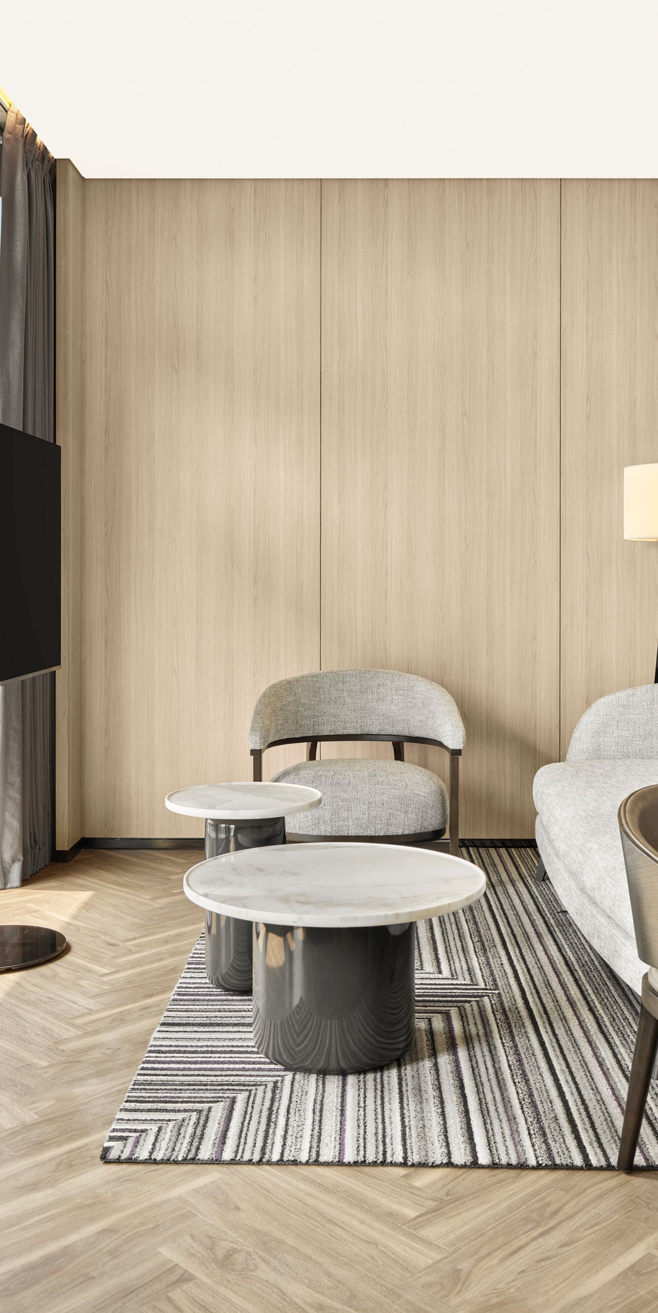 Modern suite living area with city view