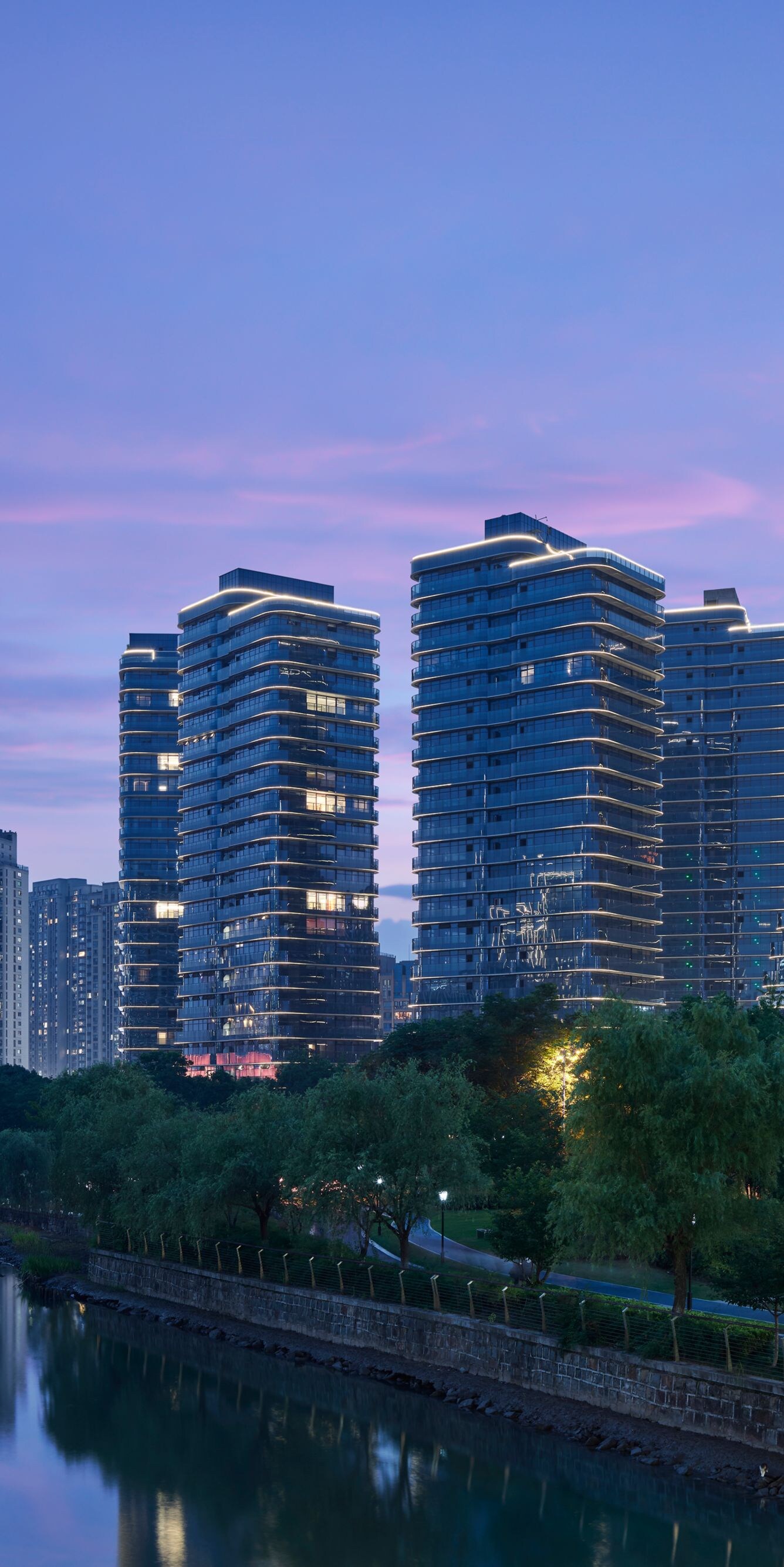 hotel exterior at twilight.