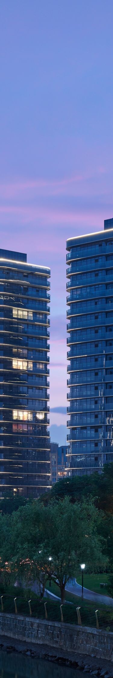 hotel exterior at twilight.