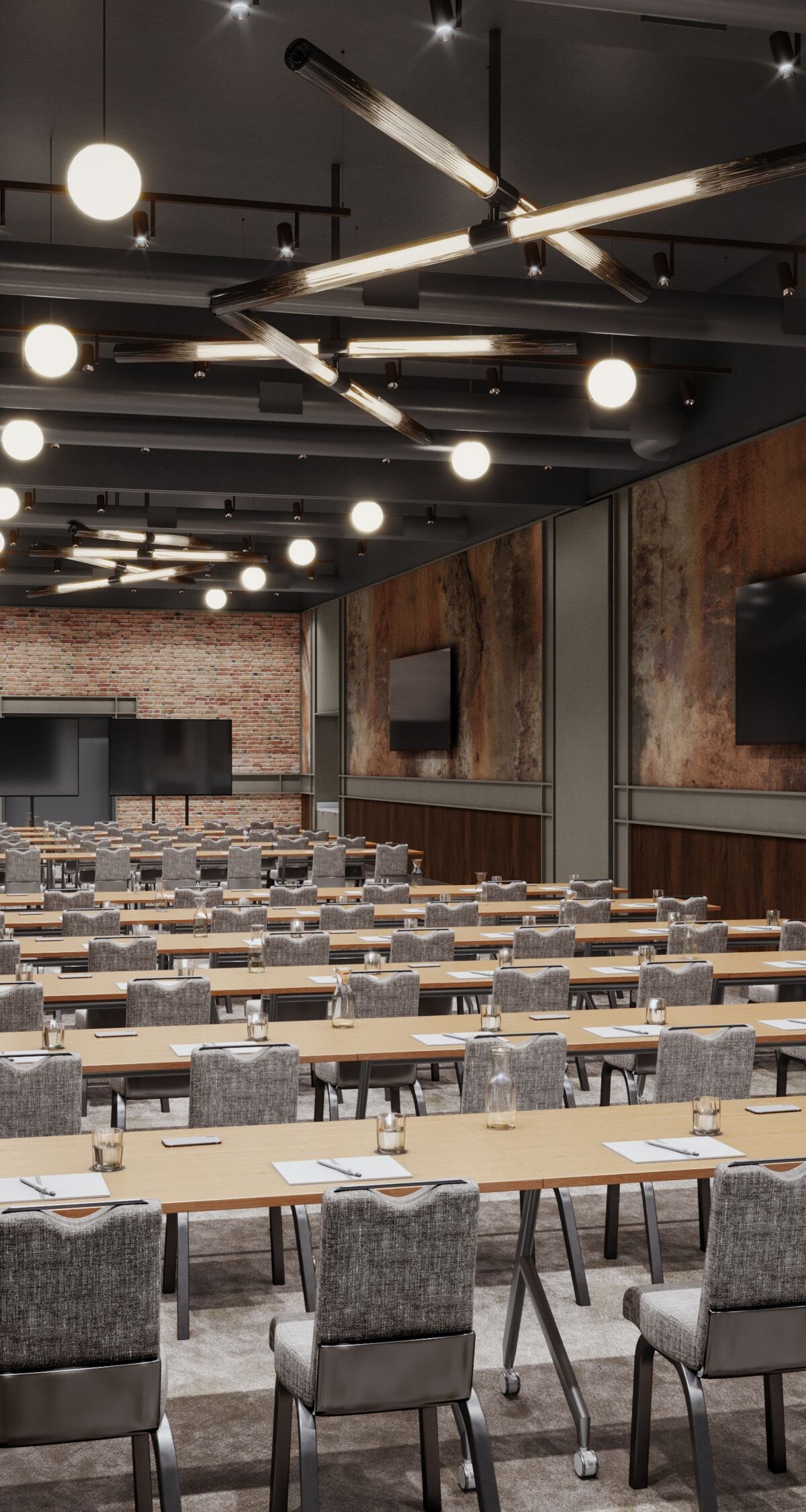 Conference room with rows of tables and chairs