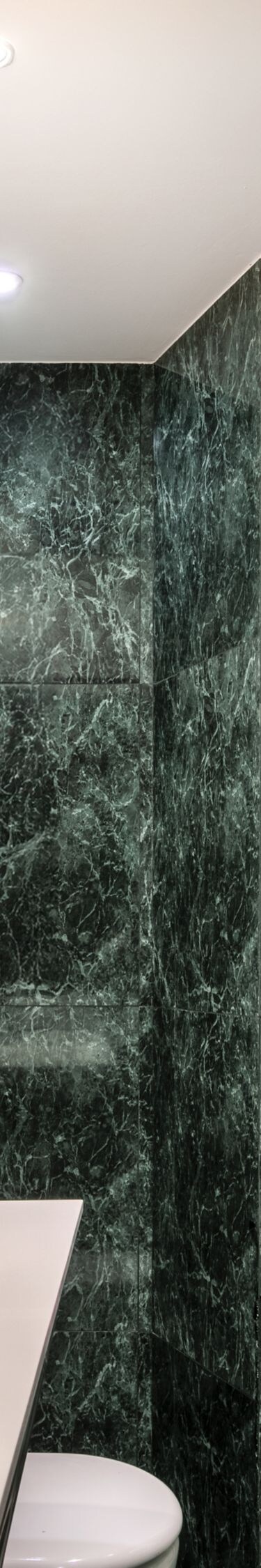 Bathroom with green marble and glass shower