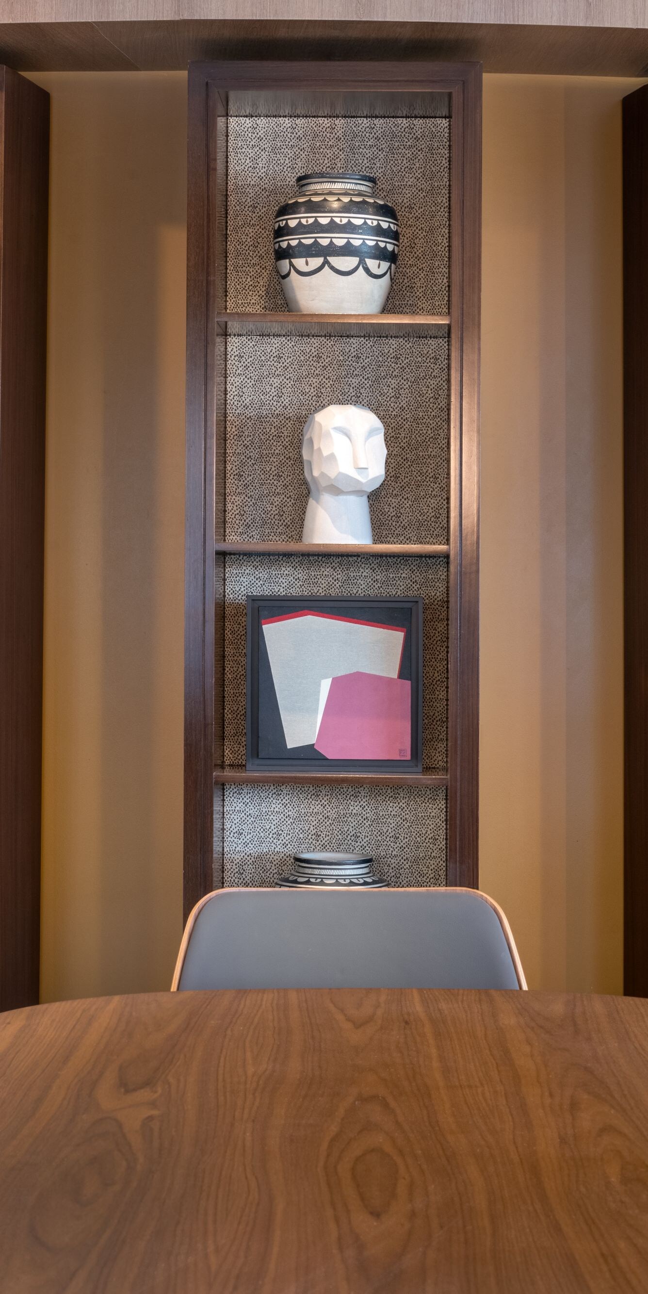 Meeting space with wooden table and decor