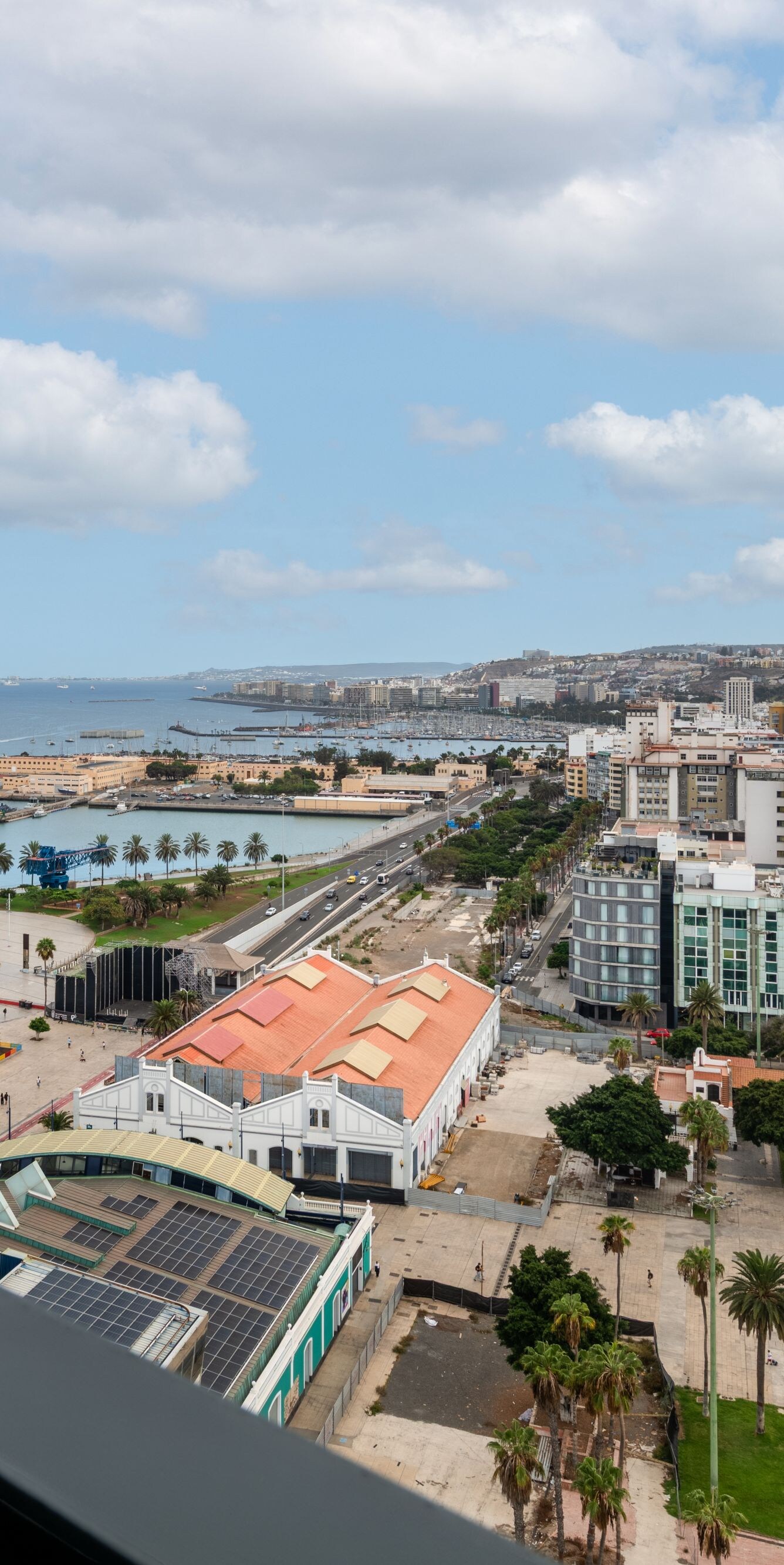 Balcony view overlooking harbor and city