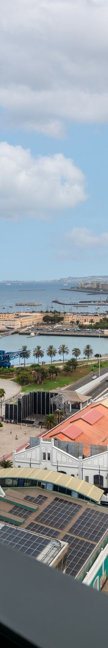 Balcony view overlooking harbor and city