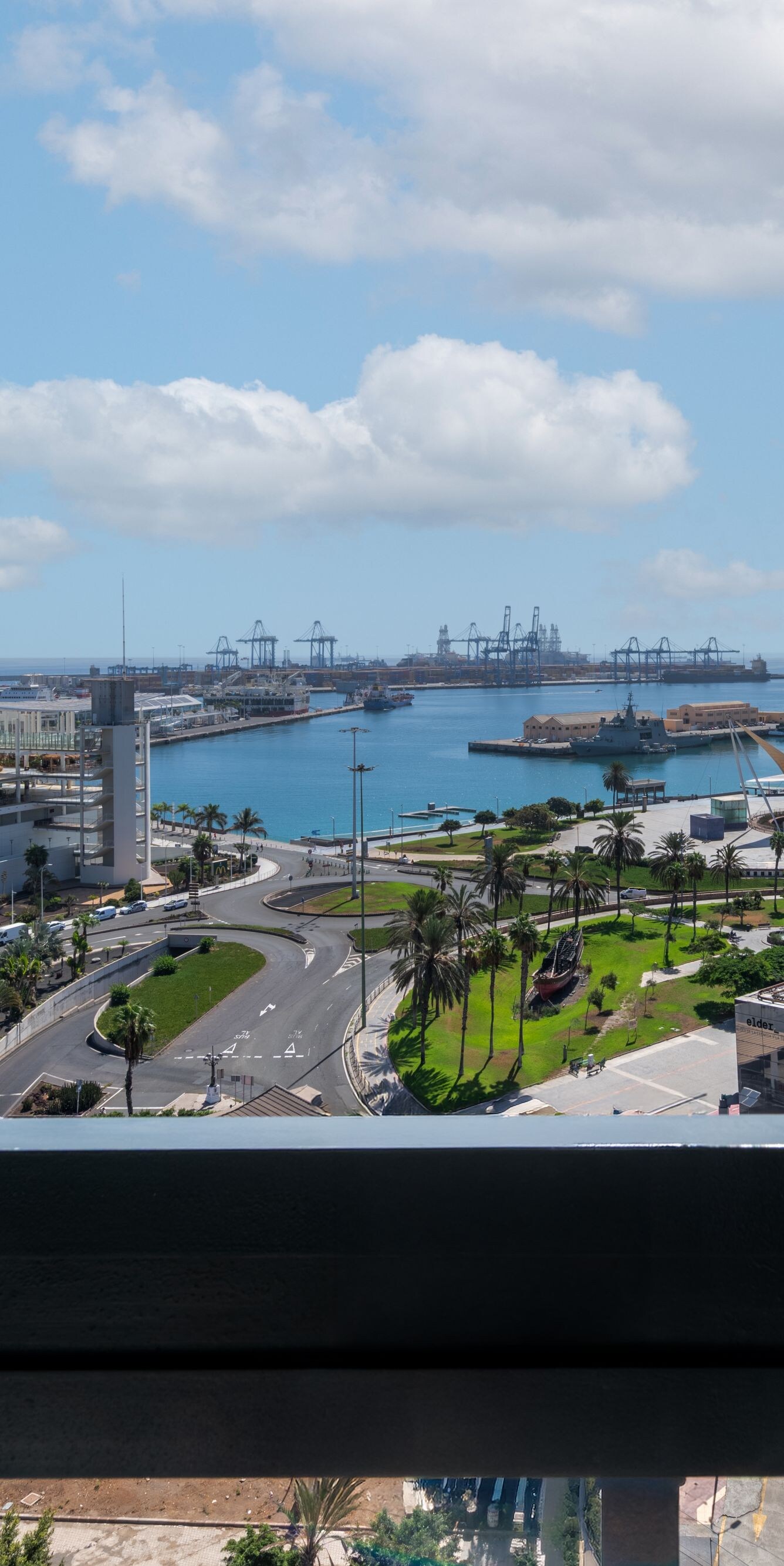 Balcony view of harbor and city skyline